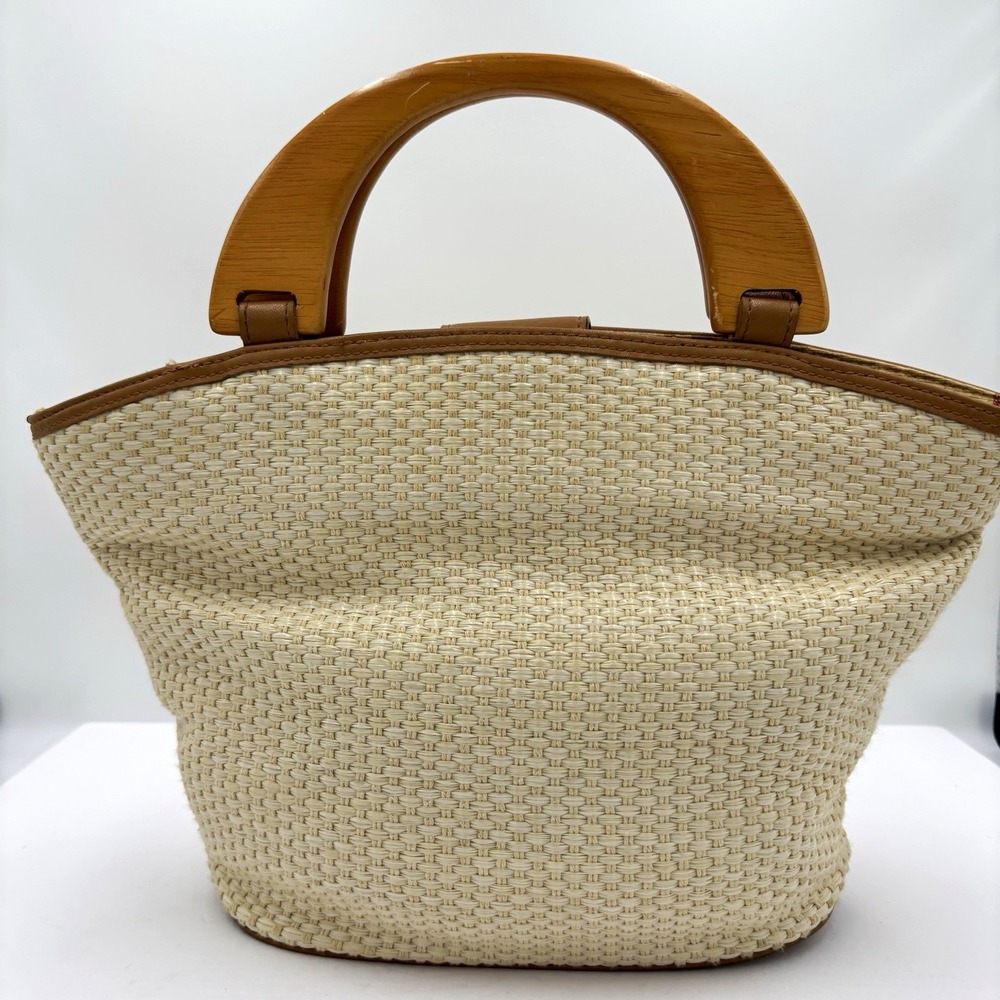 Vintage Fossil Woven Straw Handbag Purse Tote with Wooden Top Handles Classic